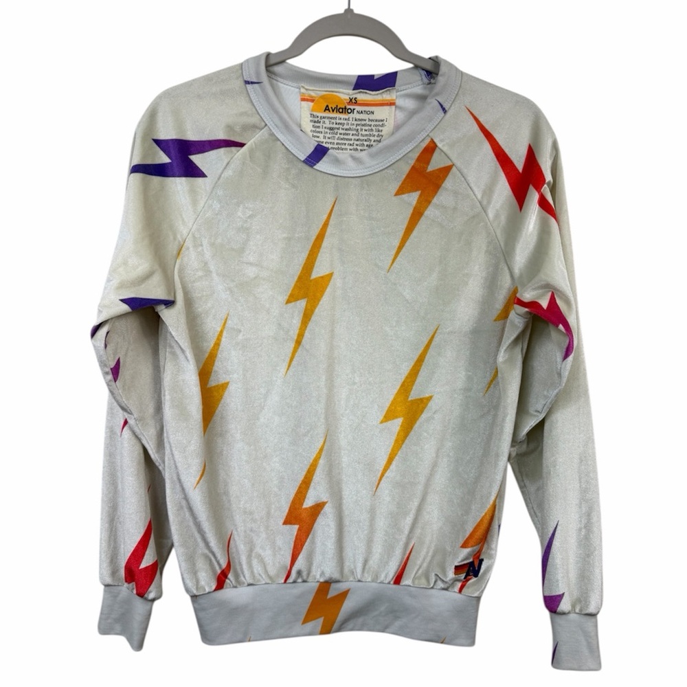 Aviator Nation Multicolor Cream Lightning Bolt Velour Crewneck Sweater Size XS